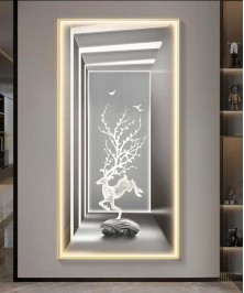 Ghazzele Grey And White Crystall Painting With Led Light Gold Frame
